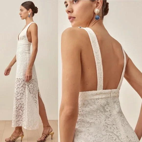 New Reformation Aigio Dress Size 10 Lace Maxi White Wedding Event Prom Timeless - Picture 2 of 16